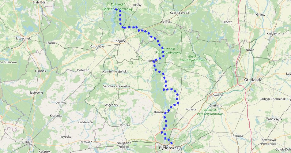 Mapa trasyBydgoszcz – Chojnice (szlak rowerowy Brdy, niebieski)