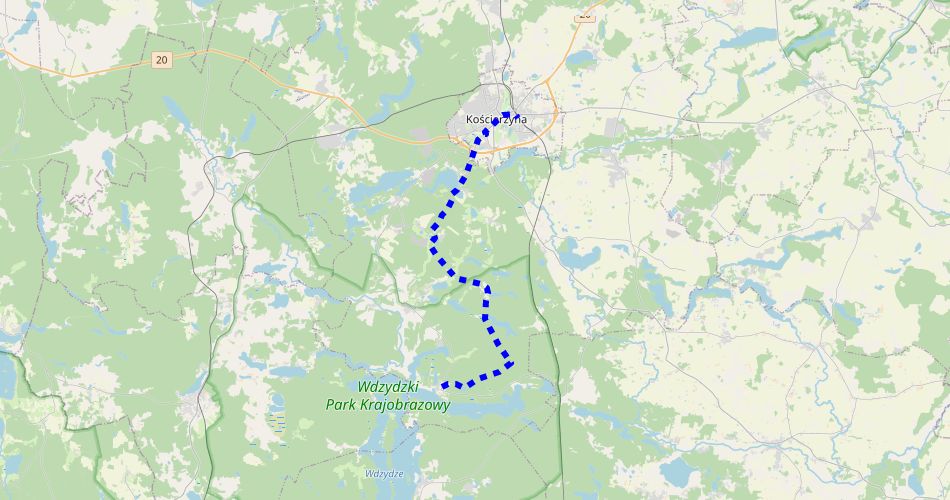 Mapa trasyKościerzyna – Wdzydze (szlak rowerowy niebieski)