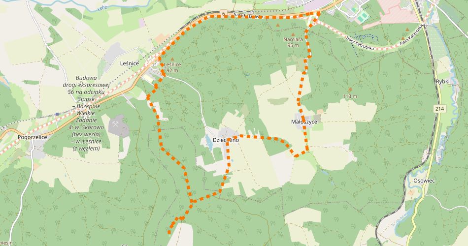 Mapa trasySzlak do Dębu Świętpoełek (szlak rowerowy niebieski)