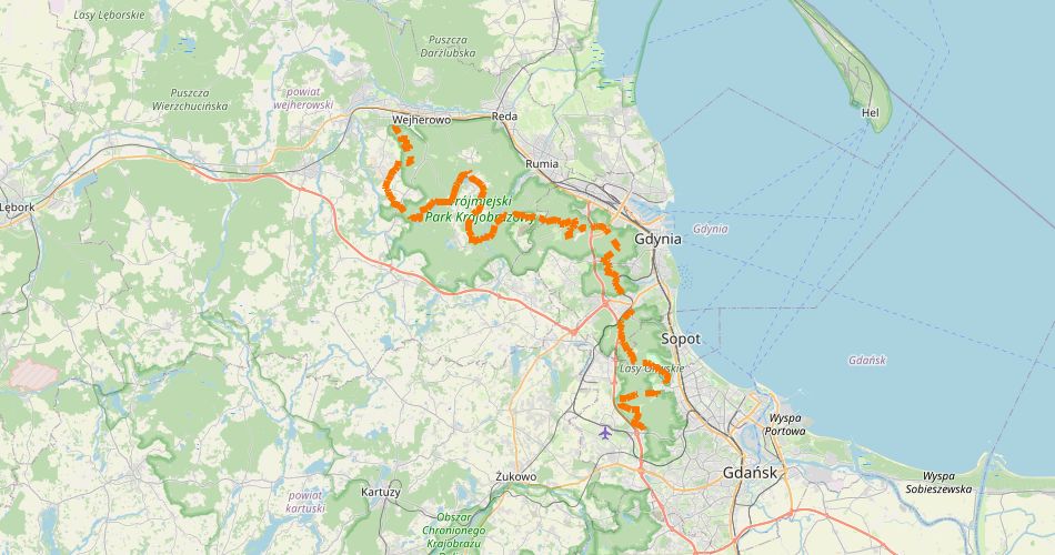 Mapa trasySzlak Trójmiejskiego Parku Krajobrazowego (szlak rowerowy niebieski)