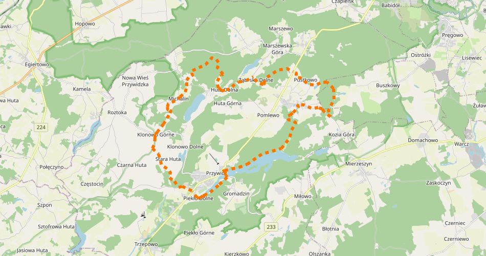 Mapa trasySzlak Wzgórzami Przywidza (szlak rowerowy zielony)