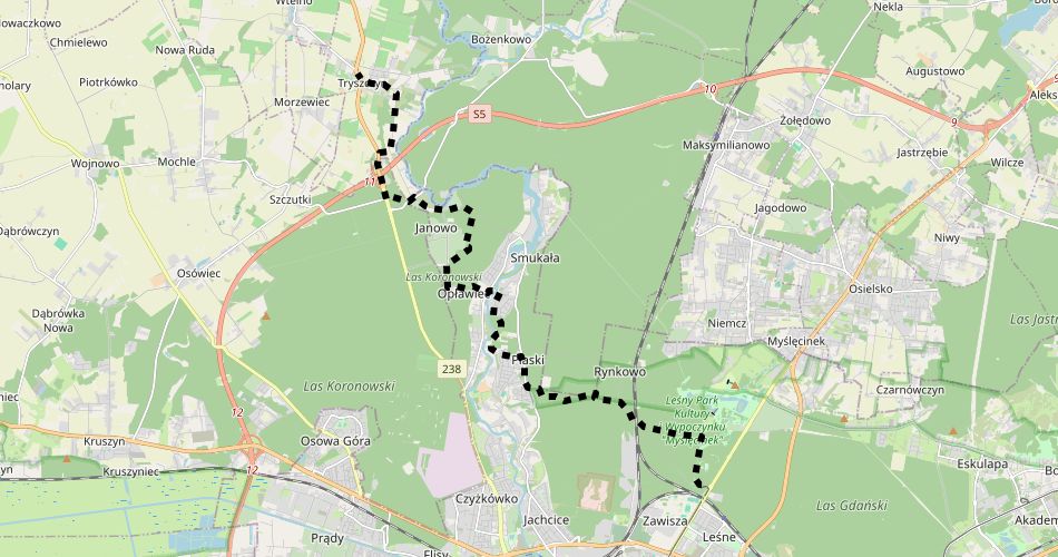 Mapa trasyBydgoszcz Myślęcinek – Tryszczyn, szlak im. Meysnera (pieszy, czarny)
