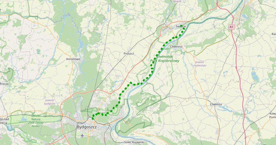 Mapa trasyBydgoszcz – Świecie (Nadwiślański, pieszy, zielony)