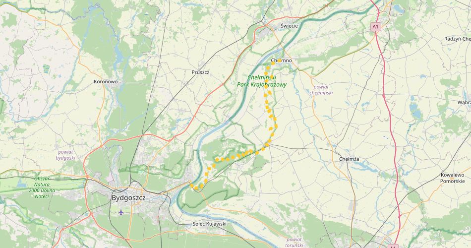 Mapa trasyBydgoszcz Fordon – Chełmno (Rezerwatów Chełmińskich, szlak pieszy, żółty)