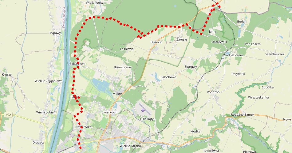 Mapa trasyGrudziądz – Gardeja (pieszy, czerwony)