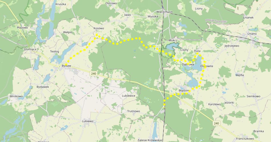 Mapa trasyBysław – Błądzim (im. P. Gackowskiego, szlak pieszy, żółty)