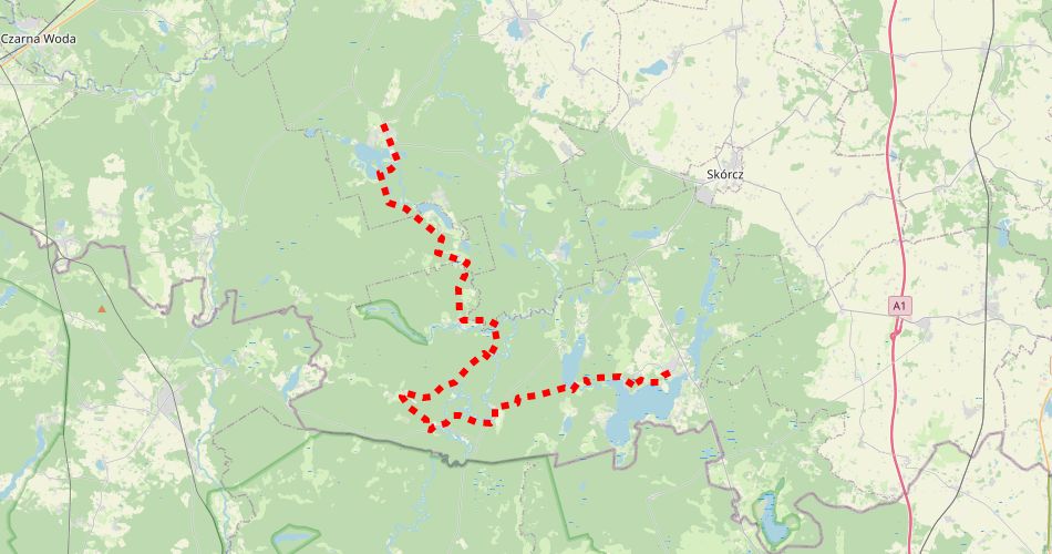 Mapa trasyOcypel – Osiek (“Jezior Kociewskich”, szlak pieszy, czerwony)