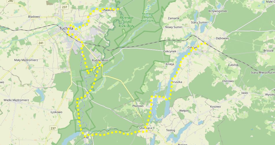Mapa trasyTuchola Plaskosz – Cekcyn (im. B. Nowodworskiego, szlak pieszy, żółty)