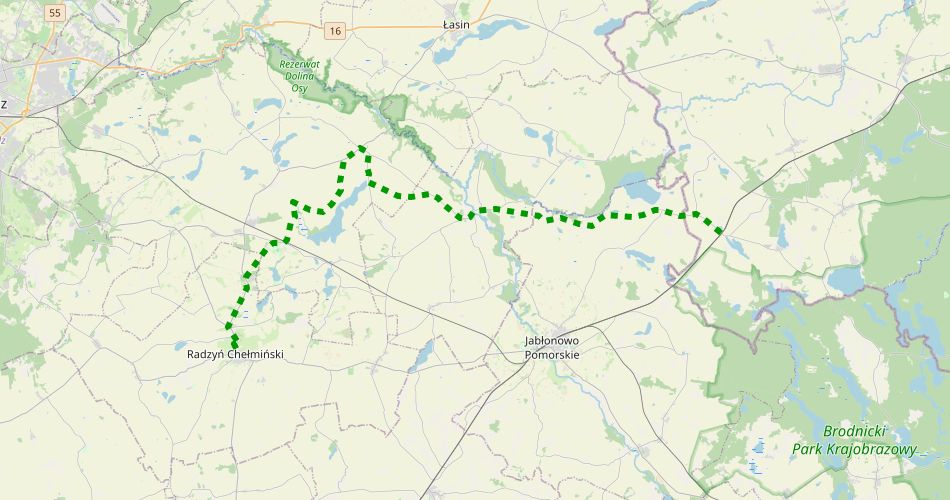 Mapa trasyRadzyń Chełmiński – Ostrowite (szlak pieszy, zielony)