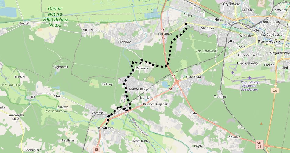 Mapa trasyBydgoszcz Prądy – Rynarzewo (Powstania Wielkopolskiego, szlak pieszy, czarny)