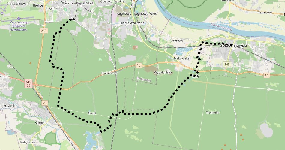 Mapa trasyBydgoszcz Glinki – Solec Kujawski, szlak Komputerków (pieszy, czarny)