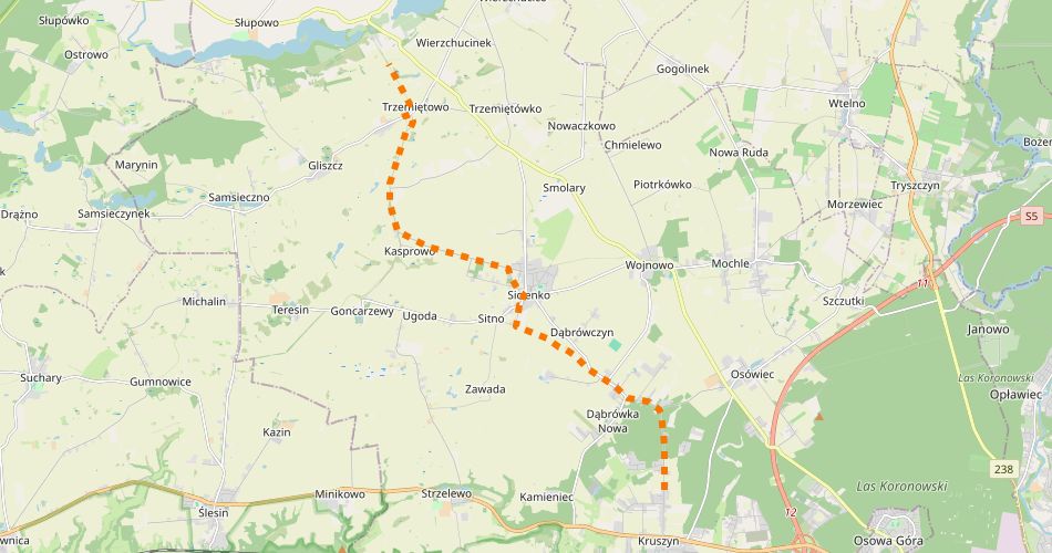 Mapa trasyKruszyn – Trzemiętowo (“Śladami Lokomotywy”, szlak pieszy, niebieski) – SZLAK SKASOWANY