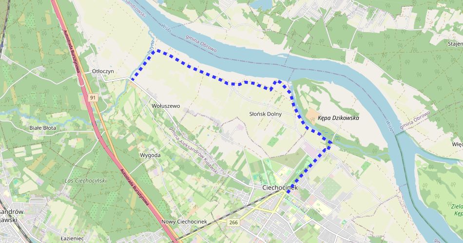 Mapa trasyCiechocinek – Otłoczyn (Wiślany, szlak pieszy, niebieski)