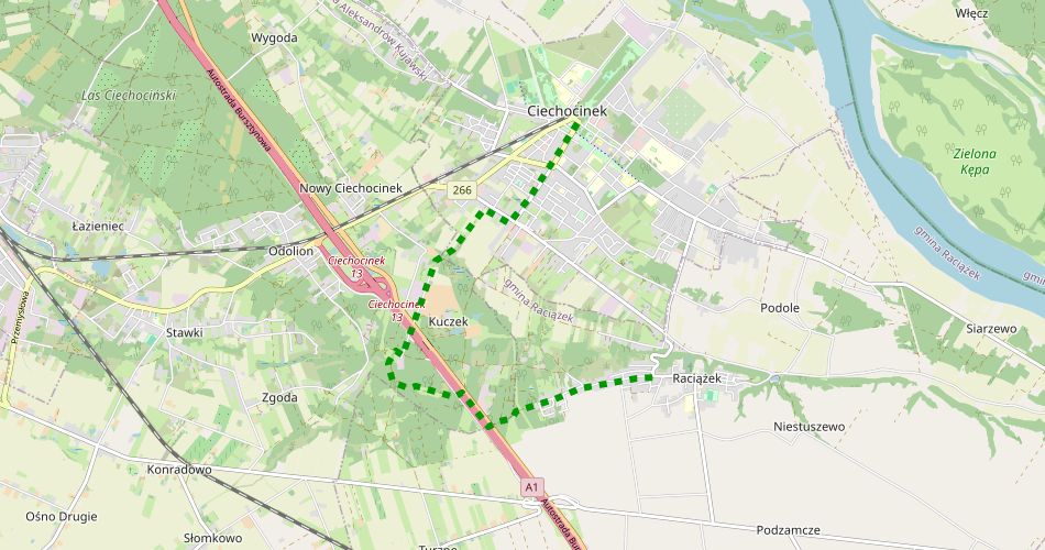 Mapa trasyCiechocinek – Raciążek (Krystynki, szlak pieszy, zielony)