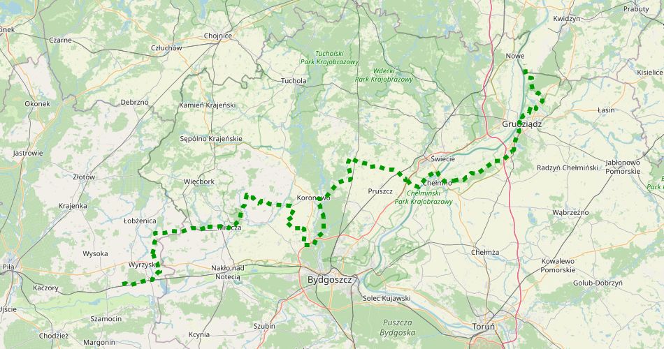 Mapa trasyEuro Route R1 (odcinek w województwie kujawsko-pomorskim, szlak rowerowy, zielony)