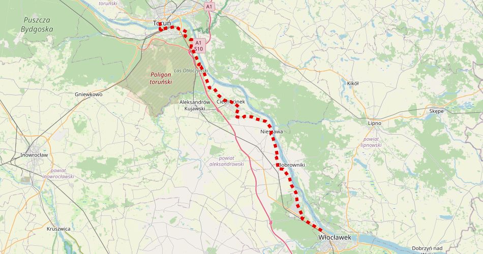 Mapa trasyToruń – Włocławek (szlak rowerowy, czerwony)
