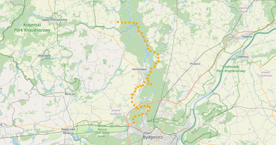 Mapa trasyBydgoszcz Osowa Góra – Pruszcz, szlak im. L. Wyczółkowskiego (pieszy, żółty)