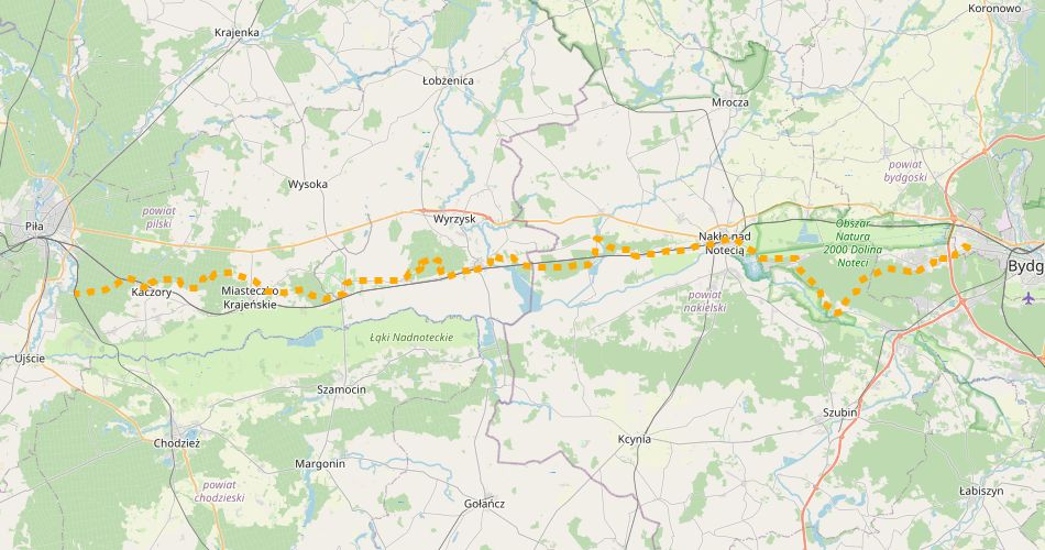Mapa trasyBydgoszcz – Wieleń Płn. PKP (Nadnotecki im J. Gorączko, pieszy, żółty)