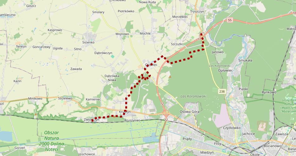 Mapa trasyZielonczyn – Tryszczyn (“Umocnień Przedmościa Bydgoskiego”, szlak pieszy, czerwony)