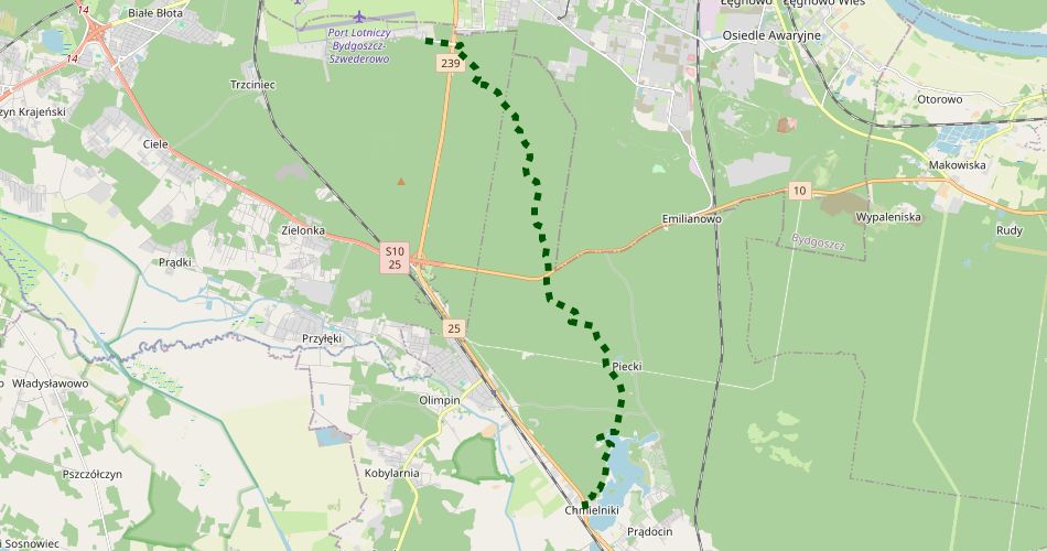 Mapa trasyBydgoszcz – Chmielniki (RELAKS, szlak pieszy, zielony)