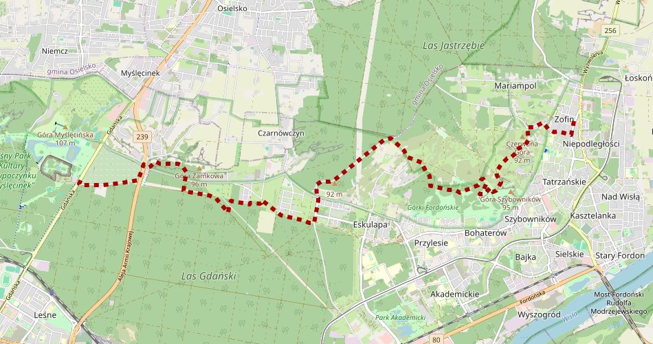 Mapa trasyBydgoszcz Mariampol – Myślęcinek, im. Jeremiego Przybory (szlak pieszy, czerwony)