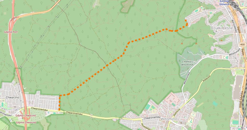 Mapa trasySzlak Chwarzno – Działki Leśne (szlak rowerowy zielony)