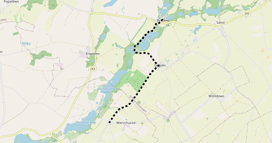 Mapa trasyWierzchucinek – Byszewo (szlak pieszy, czarny)
